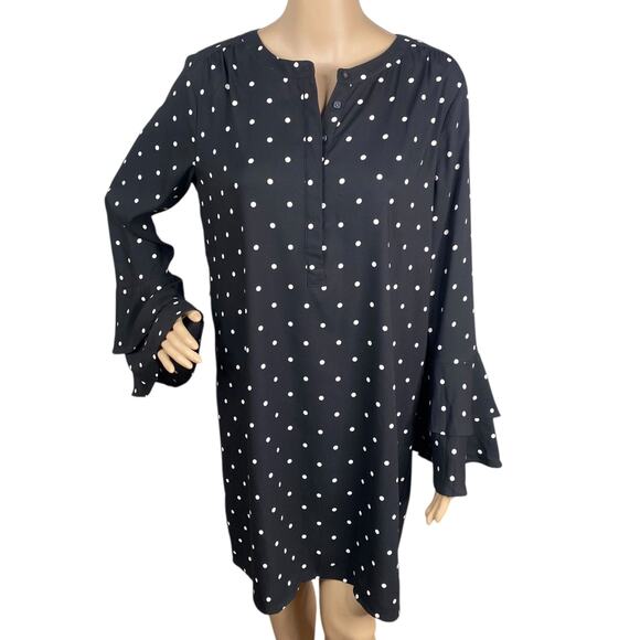 NWT Ann Taylor LOFT Black White Polka Dot Bell Sleeve Shift Shirt Dress SZ S - Picture 2 of 9
